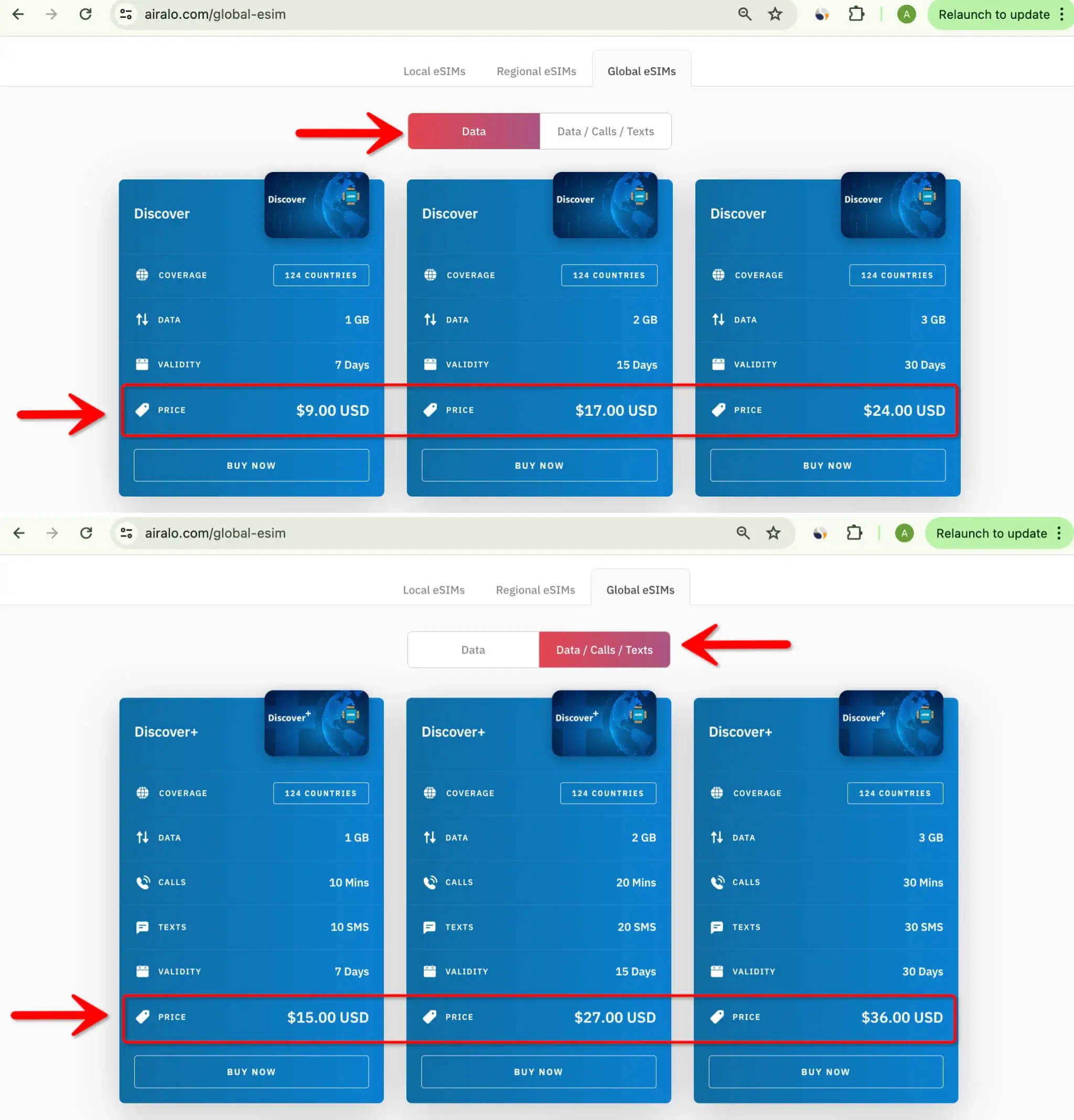 Airalo Global eSIM Price Data Plan vs Data & Calls & Texts Plan