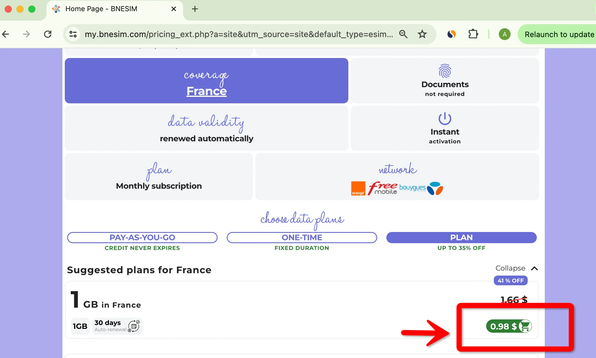 BNE eSIM France 1GB 30 Days Auto Renewal 