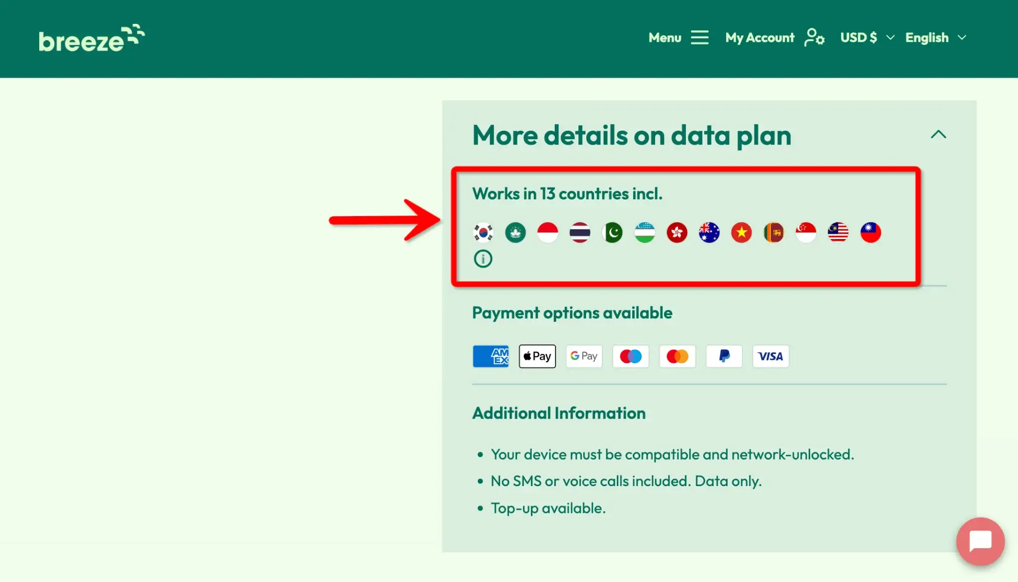 Breeze eSIM Asia Supported Countries and Regions