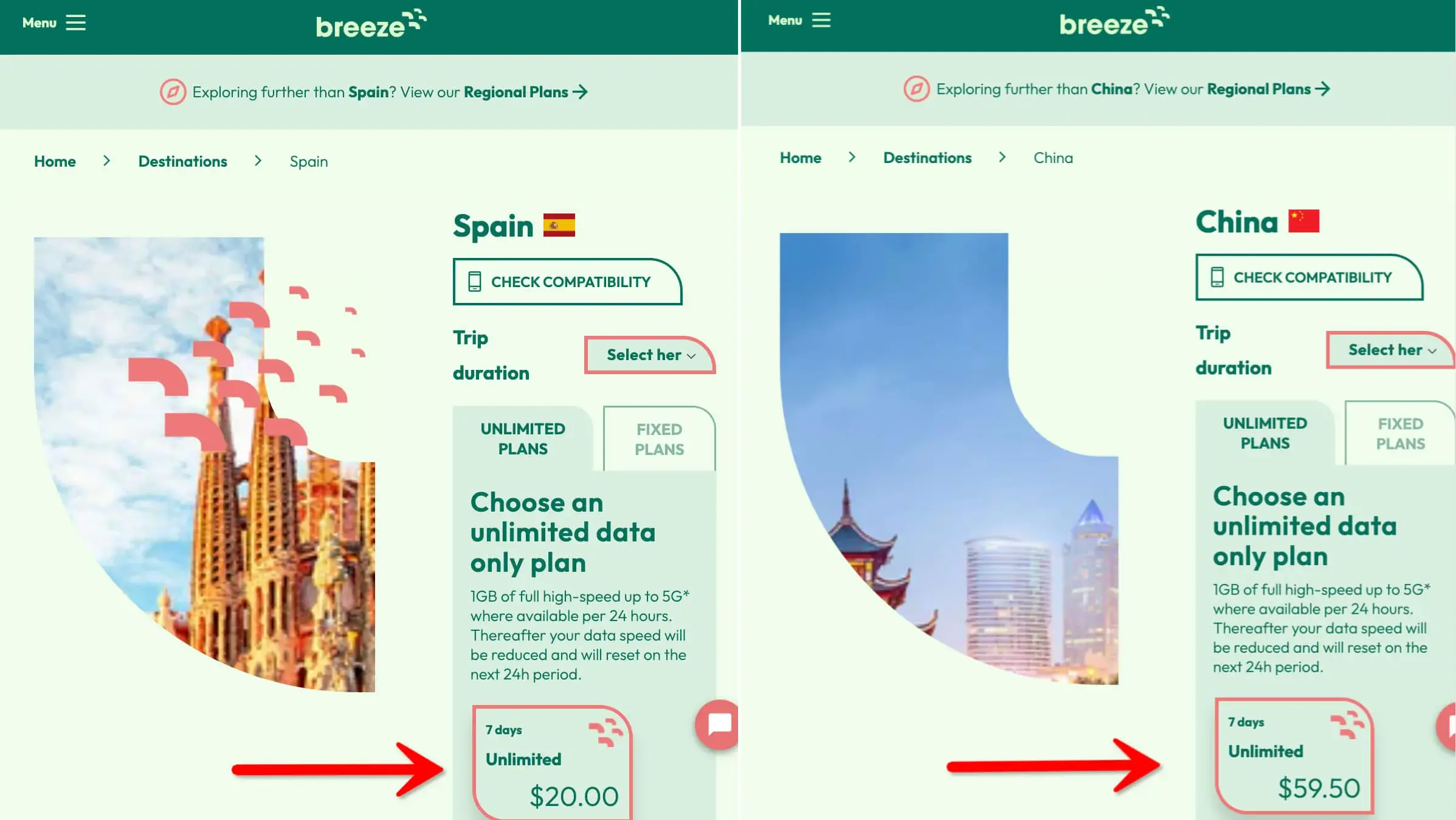 Breeze Unlimited 7-day Plan Spain vs China