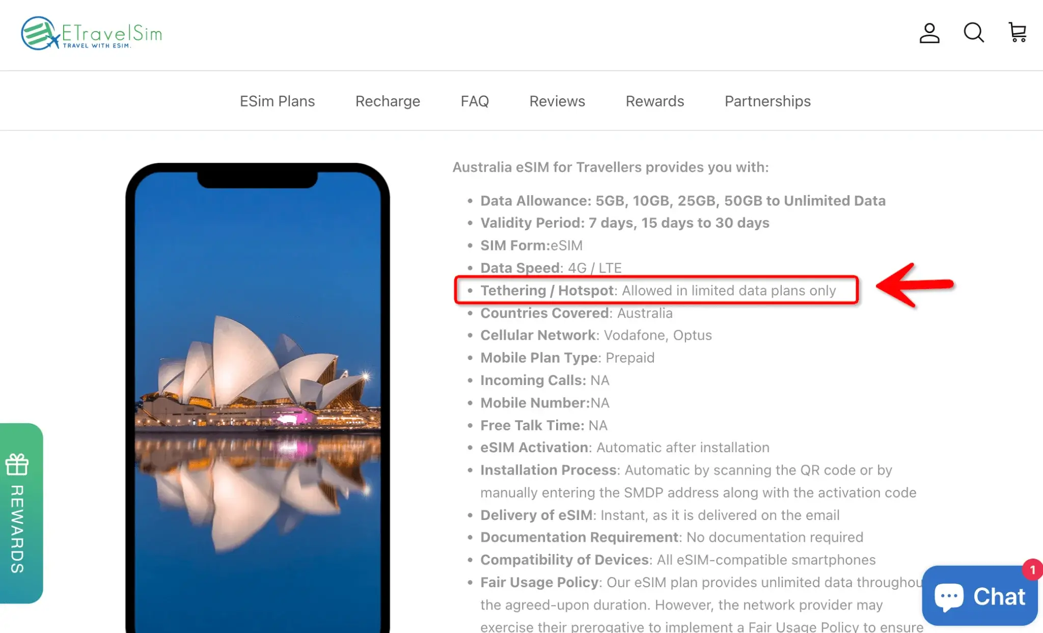 eTravelSim Australia eSIM Hotspot Limitation 