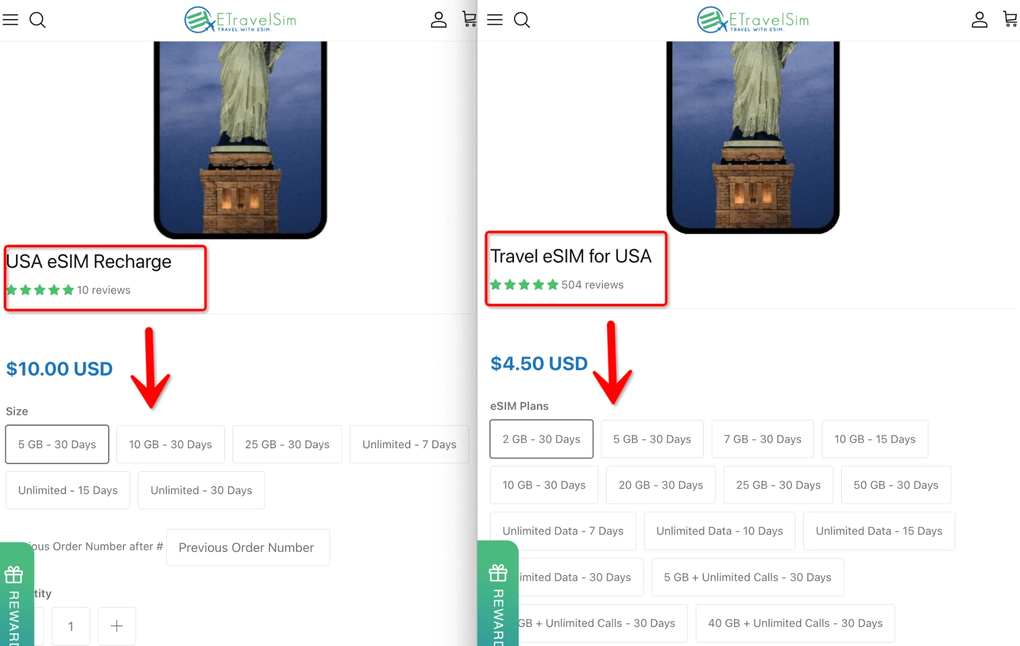 eTravelSim USA eSIM Recharge Page vs Travel eSIM for USA