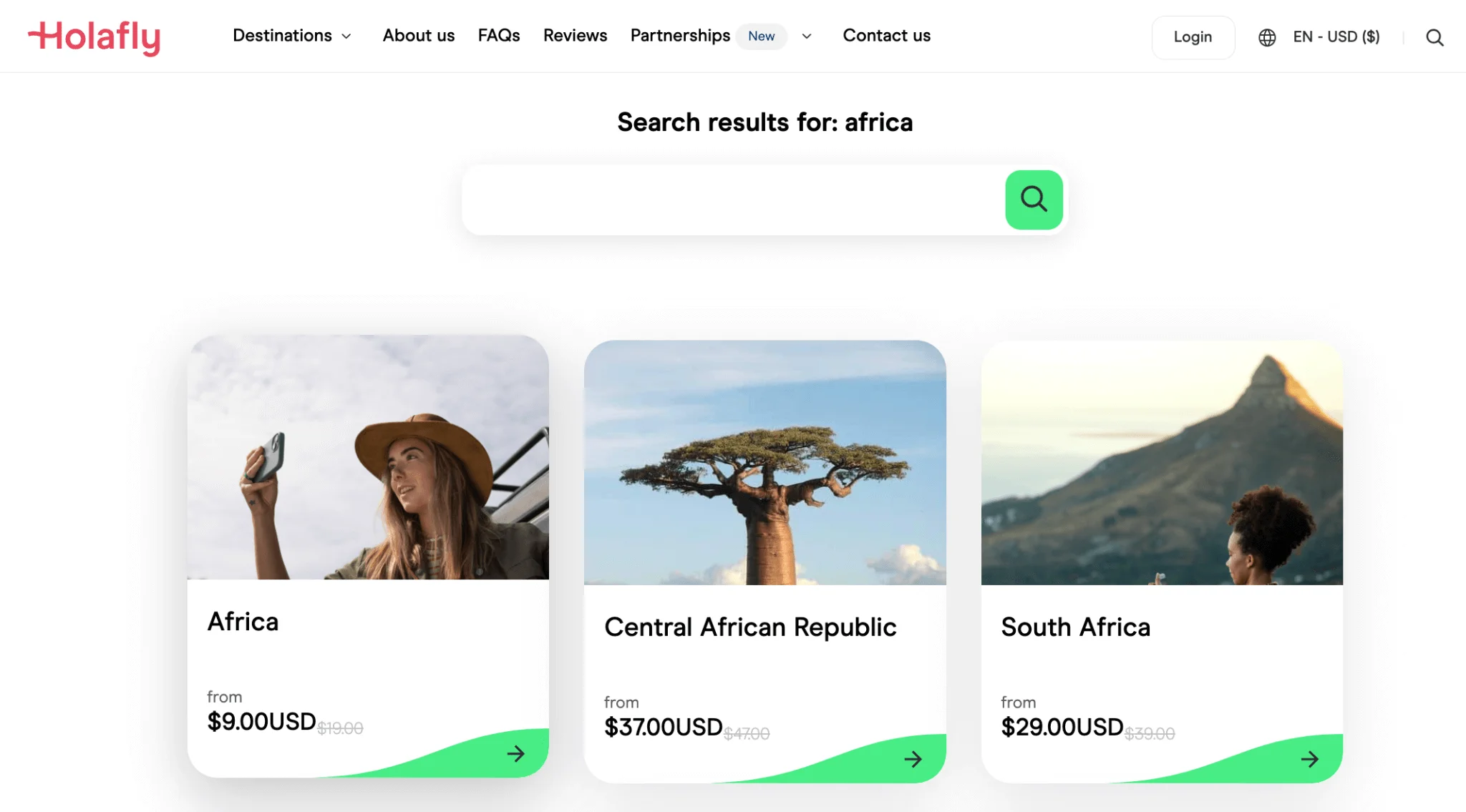 Holafly Different Price for Africa, Central African Republic and South Africa eSIM Plans