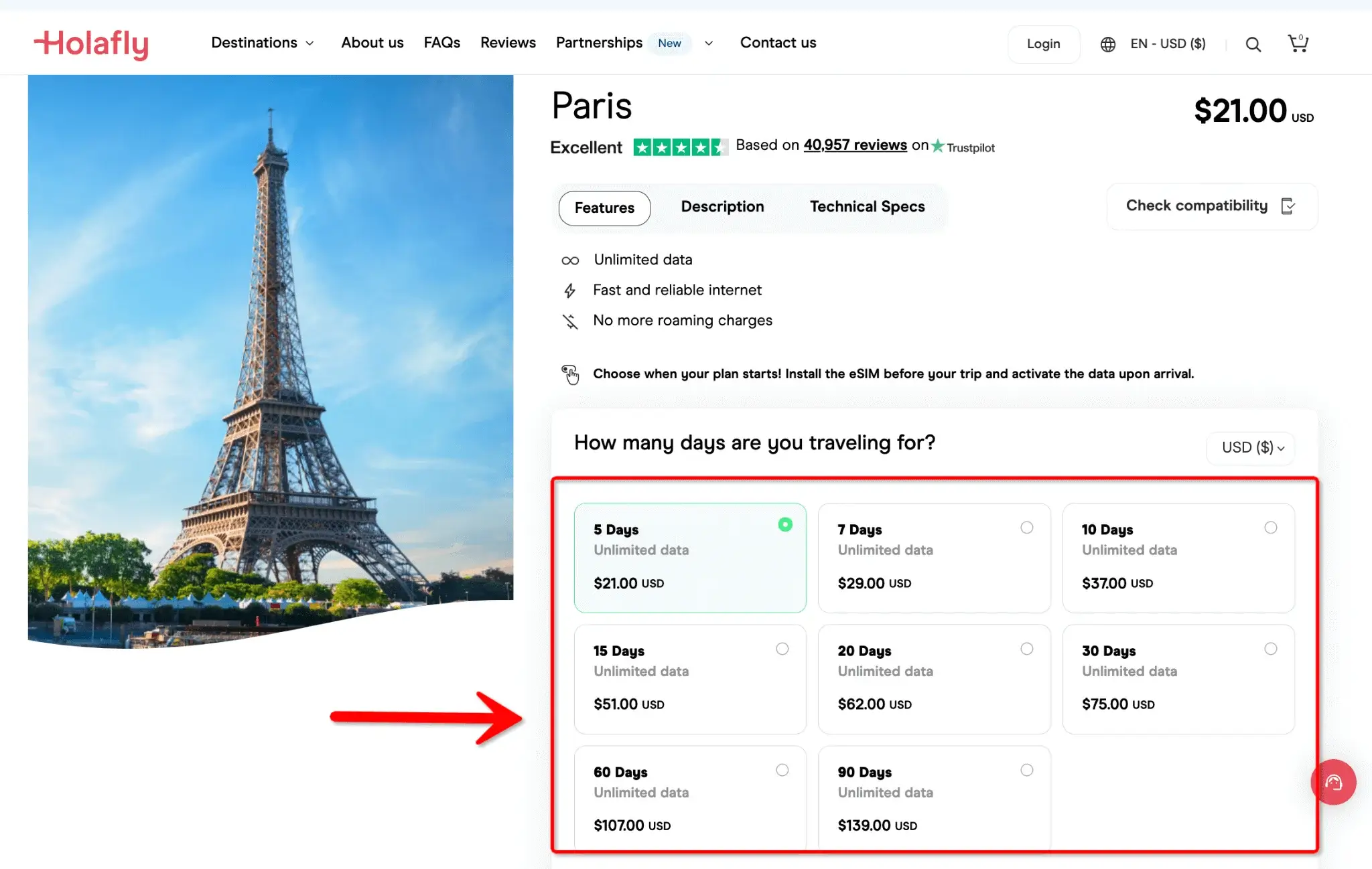 Holafly  Paris eSIM Plan Options