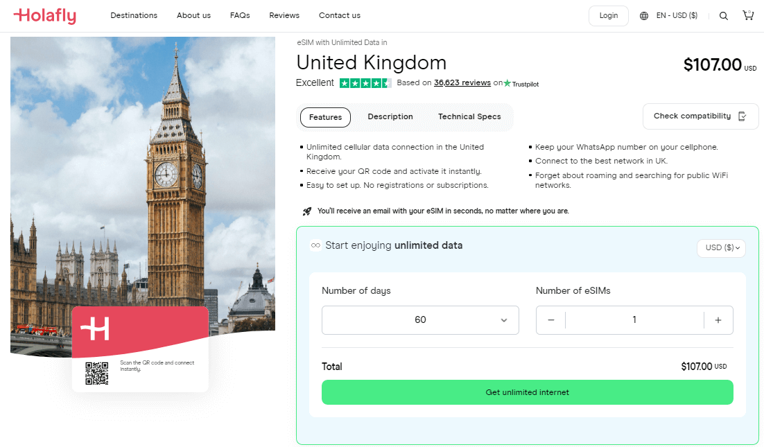 Holafly यूनाइटेड किंगडम eSIM योजनाएँ
