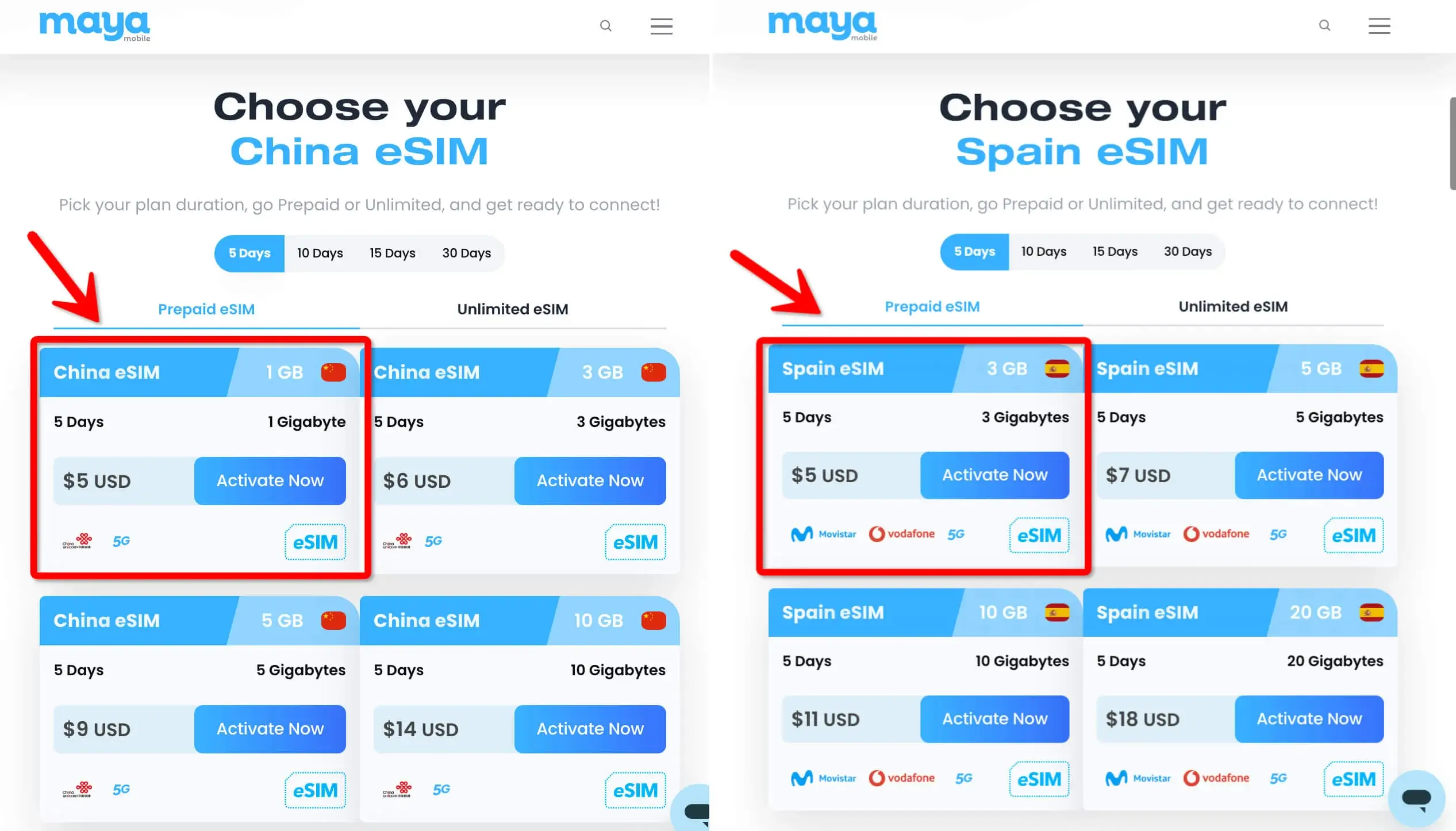 Maya Mobile eSIM 5 Days China 1GB vs Spain 3GB