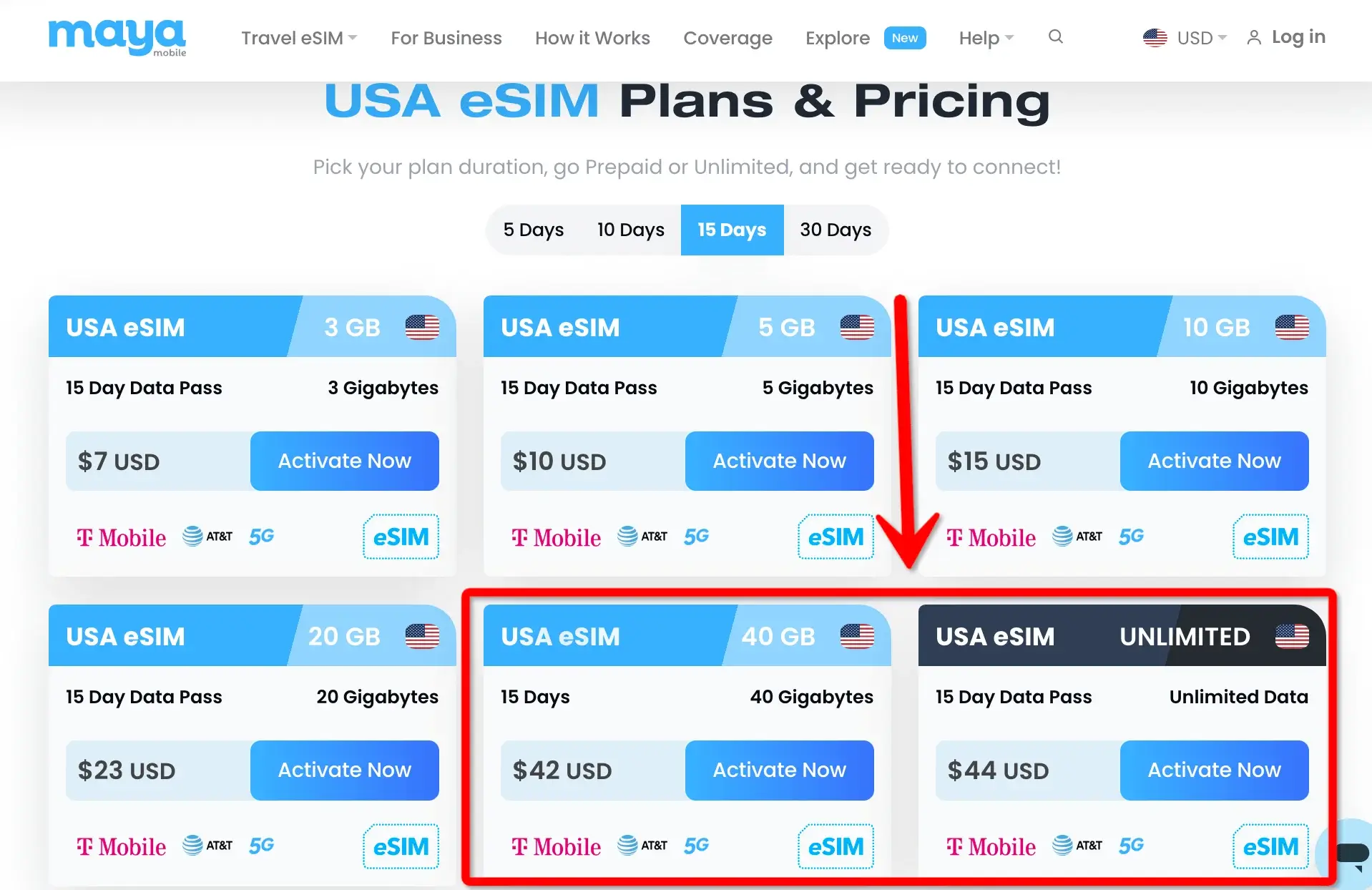 Maya Mobile USA eSIM 15 Days Price 40 GB vs Unlimited