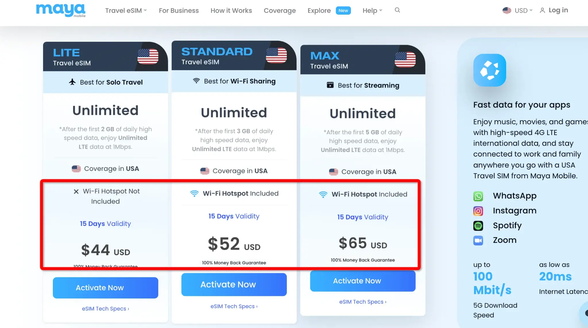 Maya Mobile USA eSIM Wi-Fi Hotsppt included Price
