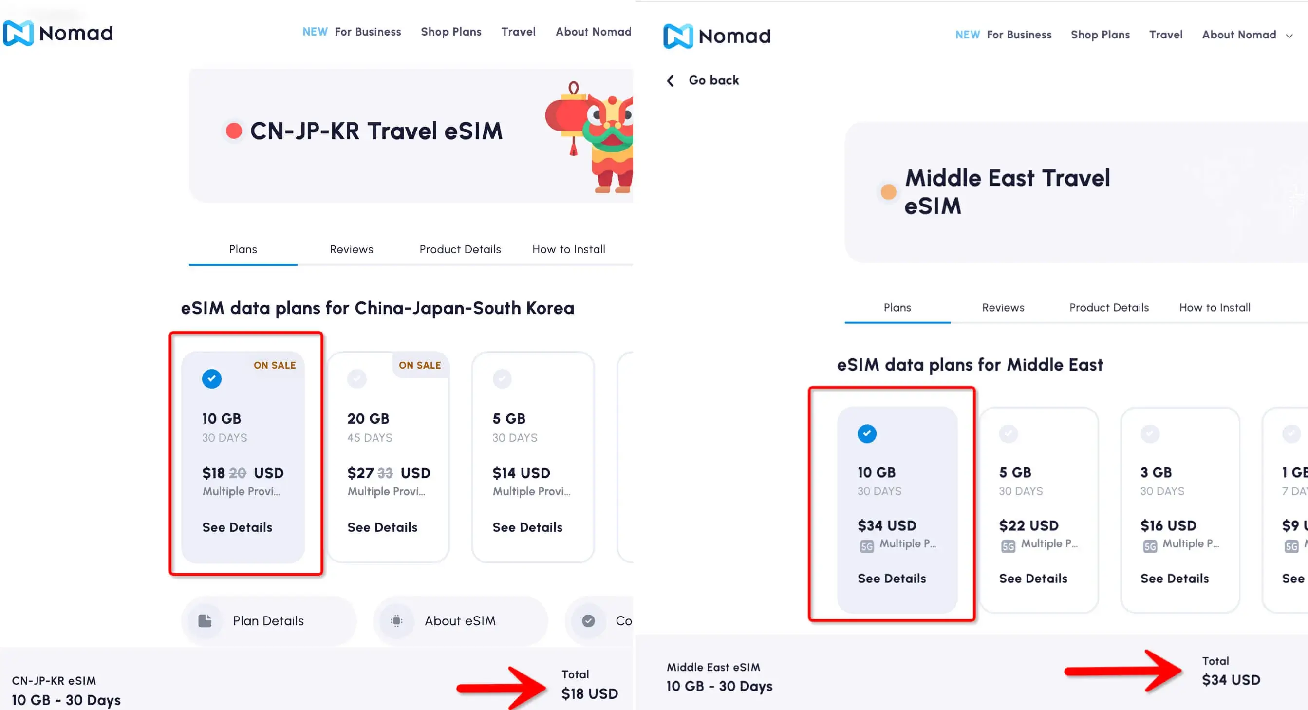 Nomad eSIM 10GB 30 Days CN-JP-KR vs. Middle East  