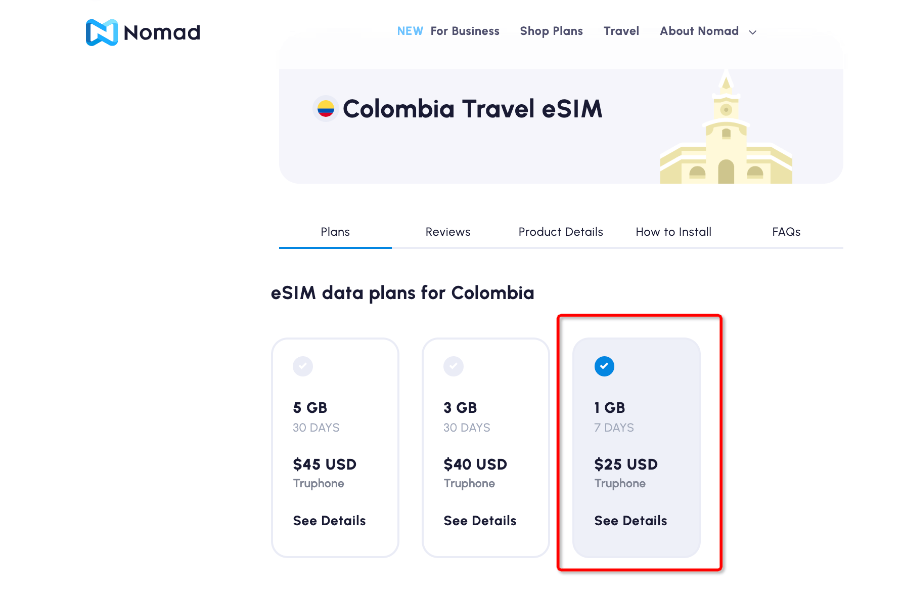 Nomad eSIM Colombia Regular Plans 1GB 25 USD