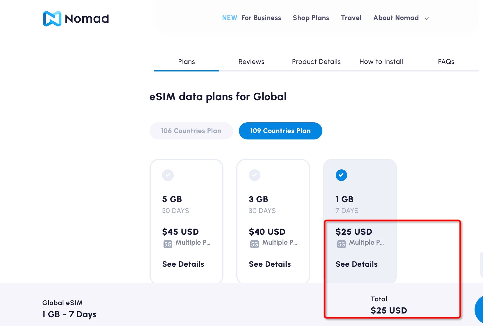 Nomad eSIM Global 109 Countries 1GB 25 USD