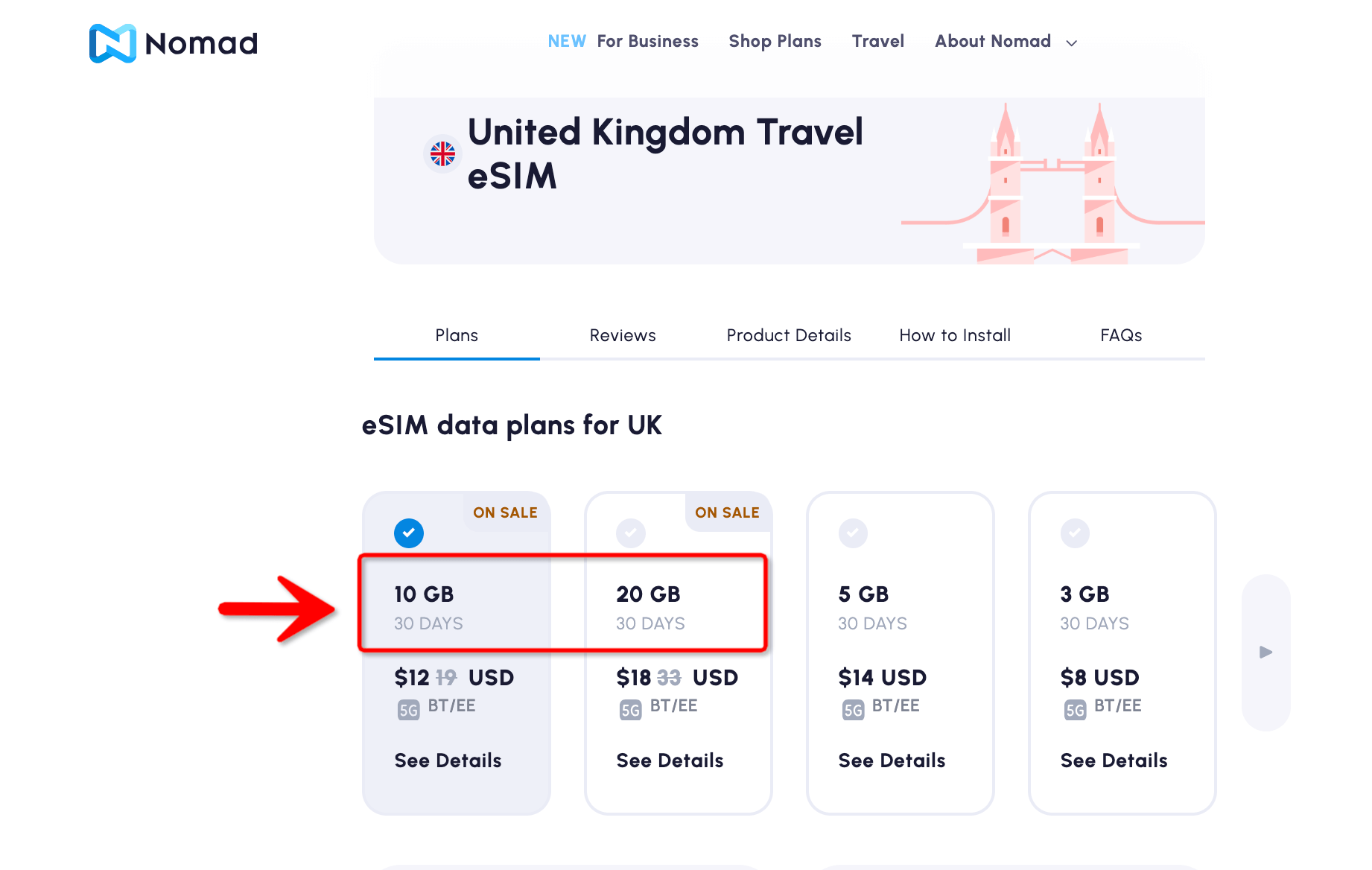 Nomad eSIM UK 10 GB and 20 GB Options