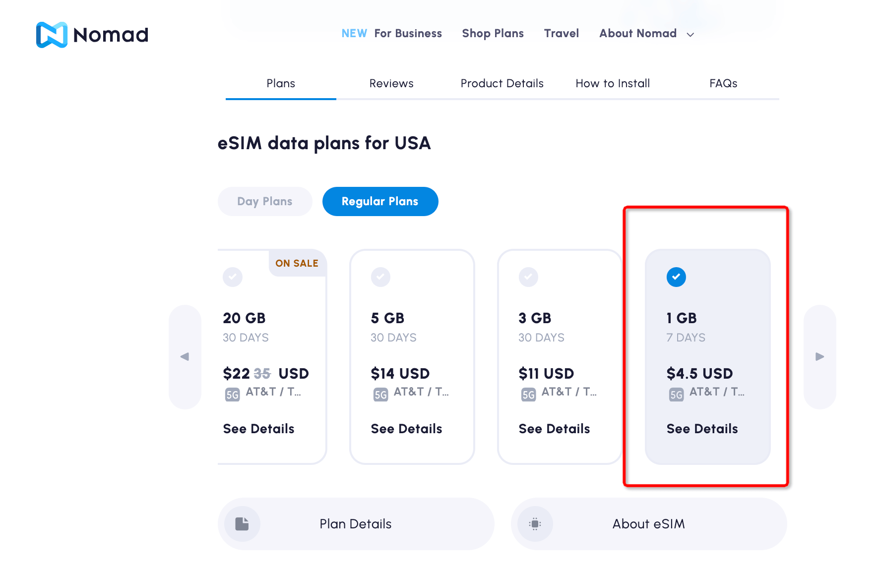 Nomad eSIM USA Regular Plans 1GB 4.5 USD