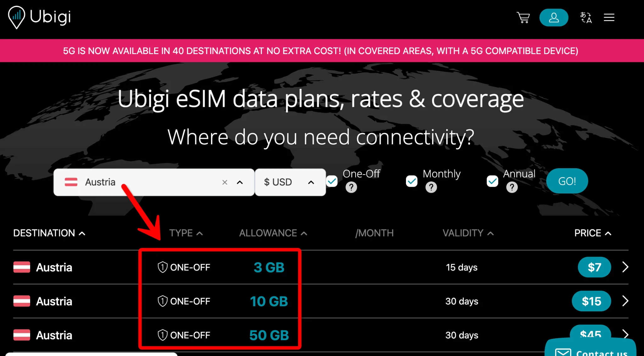 Ubigi Austria 3 ONE-OFF Data Plan